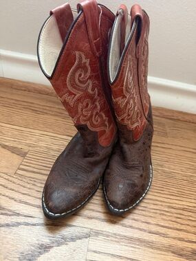 Old West Brown and Red Kids Western Boots with Embroidered Shaft